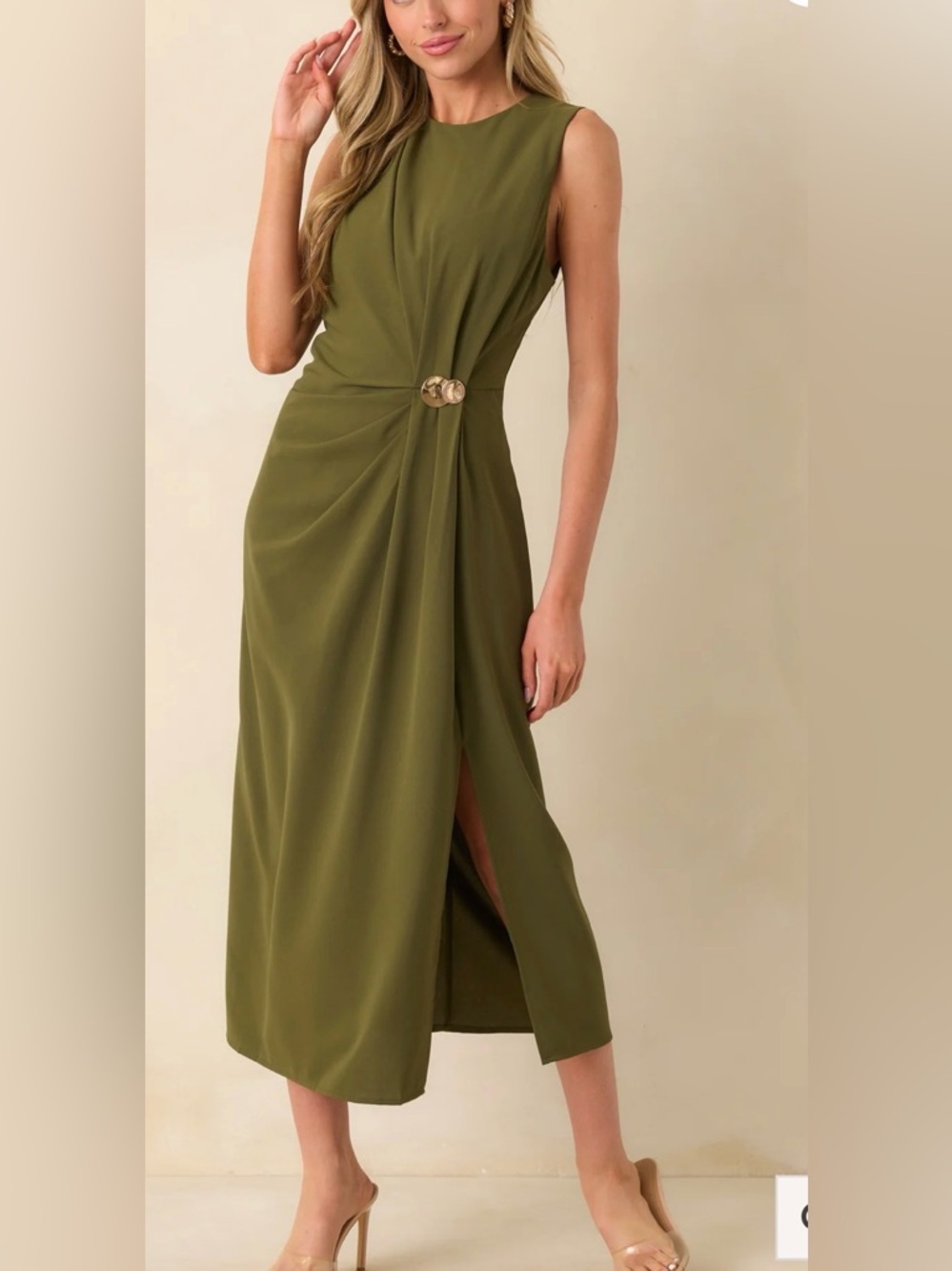 Olive Green Sleeveless Ruched Midi Dress